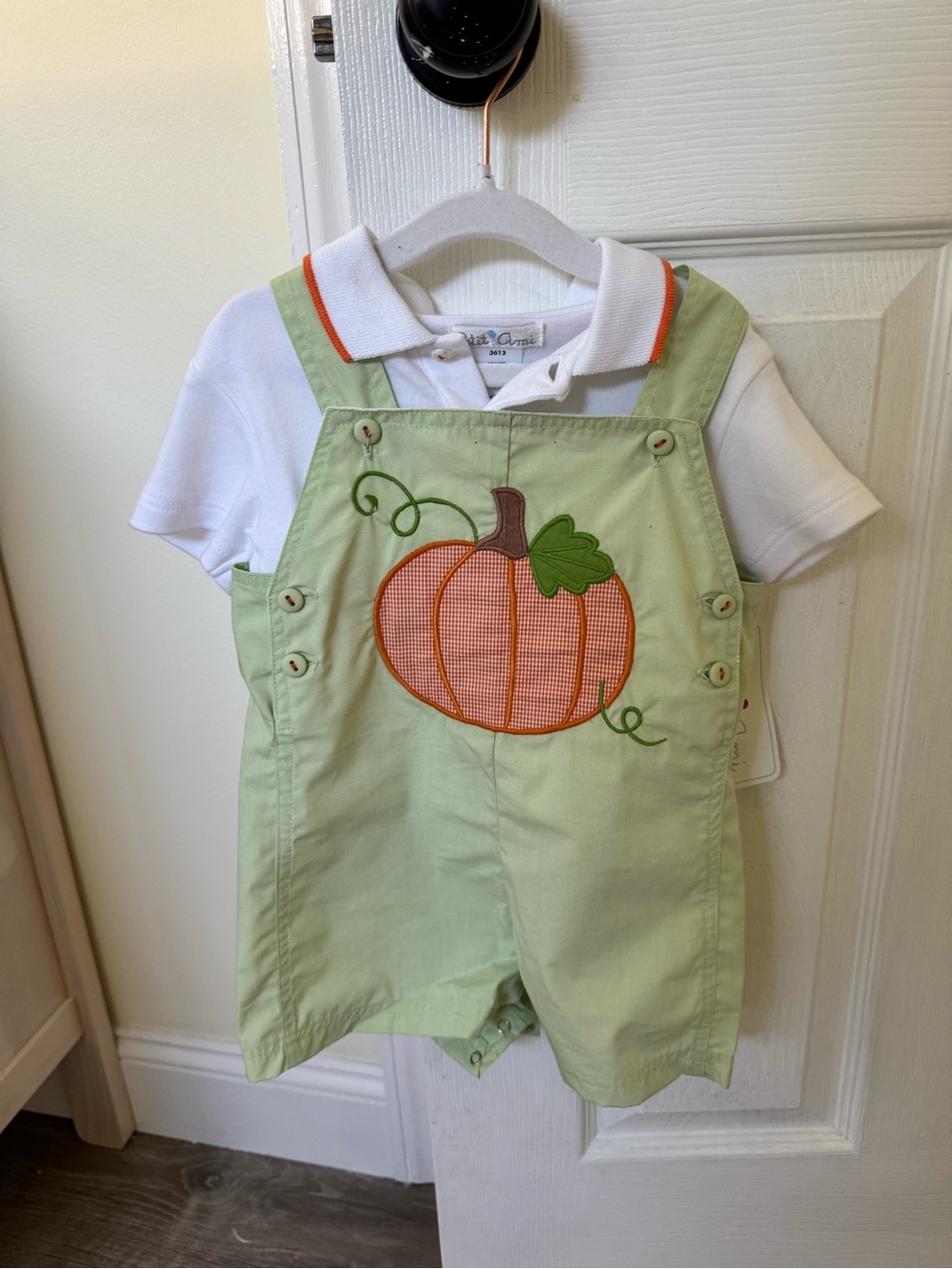 Petit Ami Pale Green Baby Shortall and Collared Shirt w/ Orange Pumpkin Appliqué